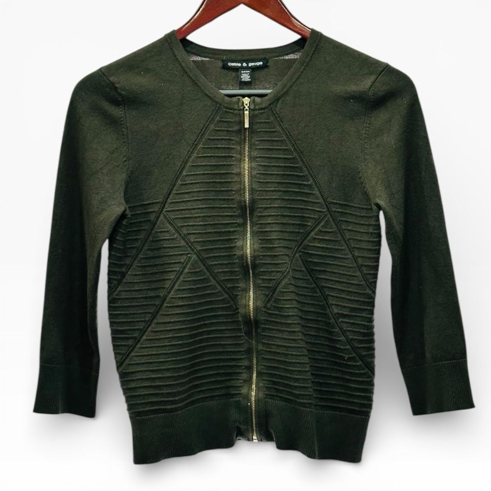 Forest Green Ribbed Zip Front Cardigan Sweater Womens Small Fitted Lightweight
